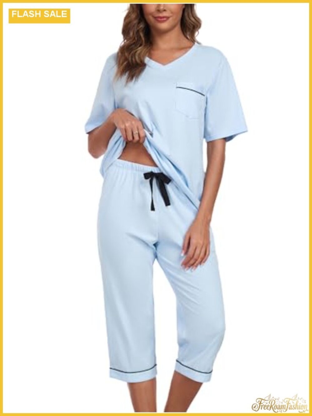 100% Cotton Pajama Set Short Sleeve V-Neck Capri Pants Lounge Sleepwear